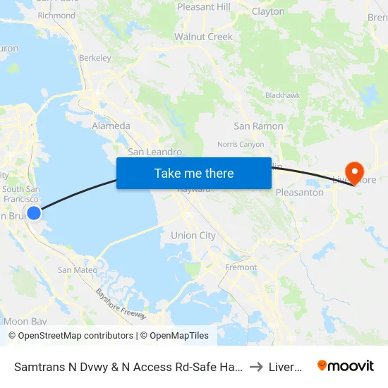 Samtrans N Dvwy & N Access Rd-Safe Harbor Shelter to Livermore map