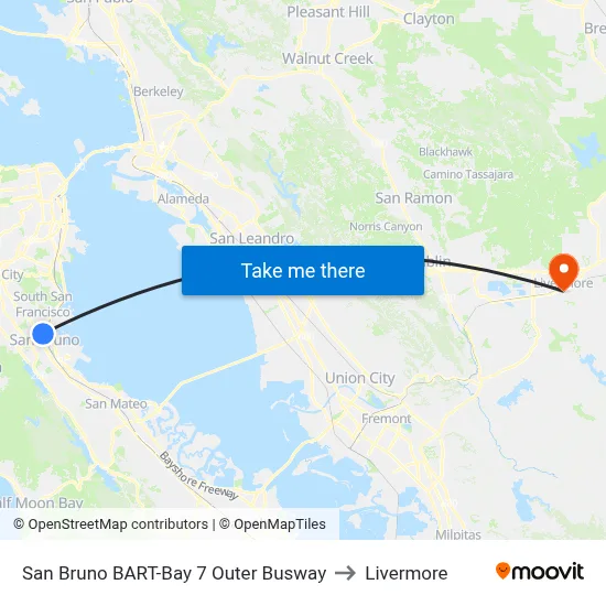 San Bruno BART-Bay 7 Outer Busway to Livermore map