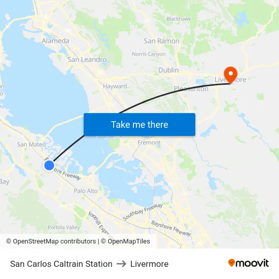 San Carlos Caltrain Station to Livermore map
