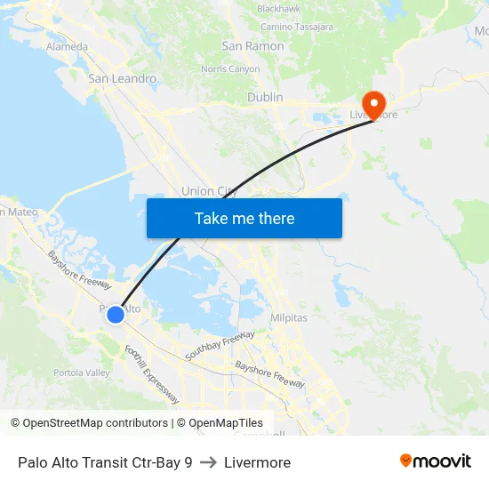 Palo Alto Transit Ctr-Bay 9 to Livermore map
