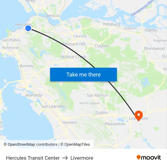 Hercules Transit Center to Livermore map