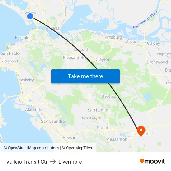 Vallejo Transit Ctr to Livermore map