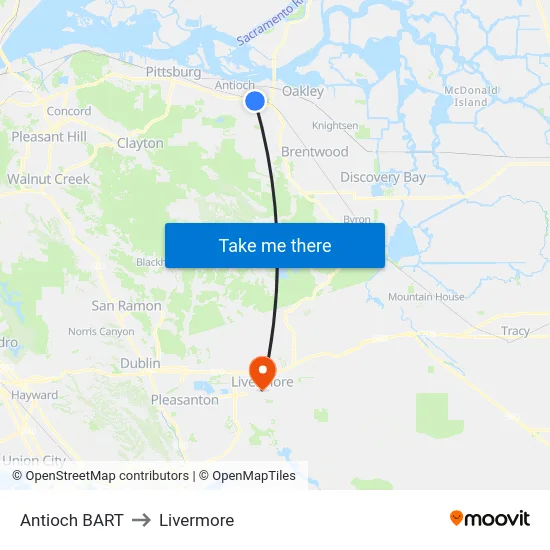 Antioch BART to Livermore map
