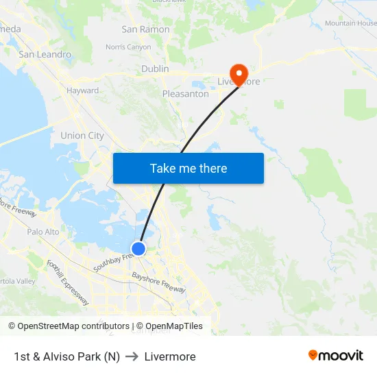 1st & Alviso Park (N) to Livermore map