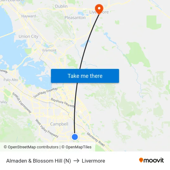 Almaden & Blossom Hill (N) to Livermore map