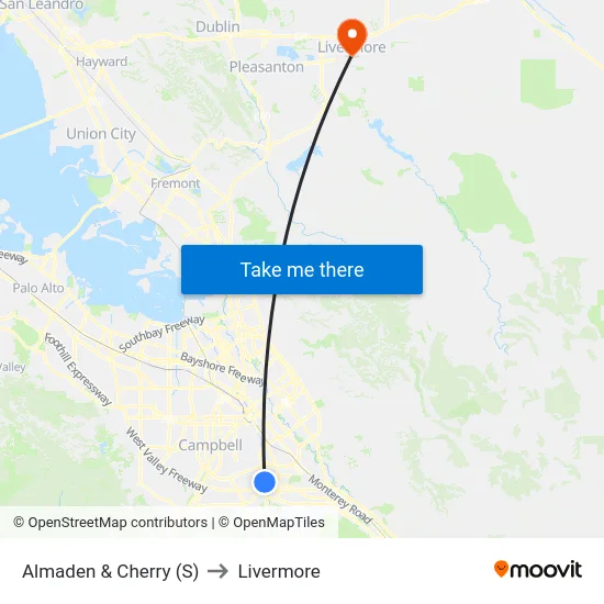 Almaden & Cherry (S) to Livermore map