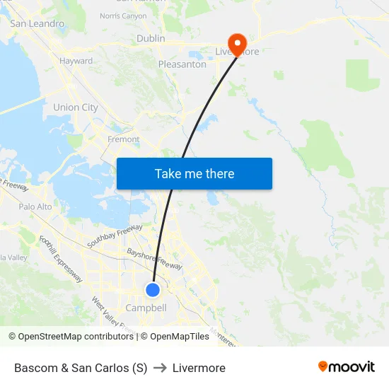 Bascom & San Carlos (S) to Livermore map