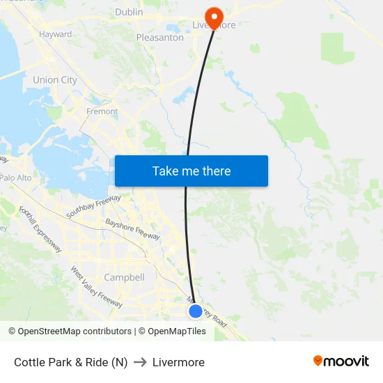 Cottle Park & Ride (N) to Livermore map