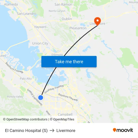 El Camino Hospital (S) to Livermore map