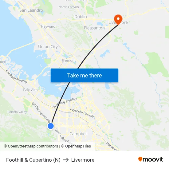 Foothill & Cupertino (N) to Livermore map
