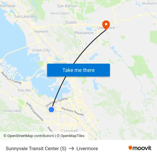 Sunnyvale Transit Center (S) to Livermore map
