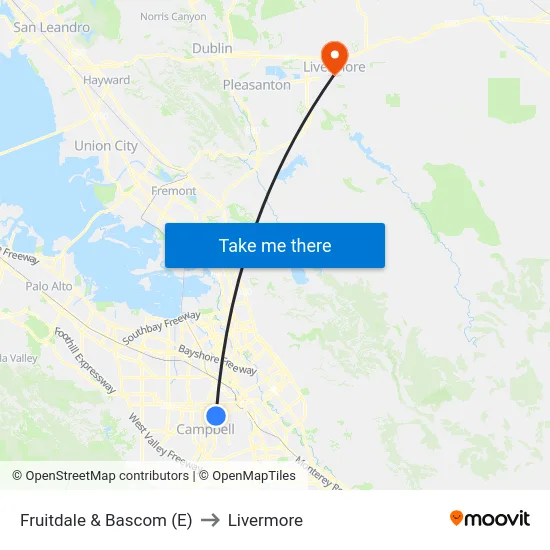 Fruitdale & Bascom (E) to Livermore map
