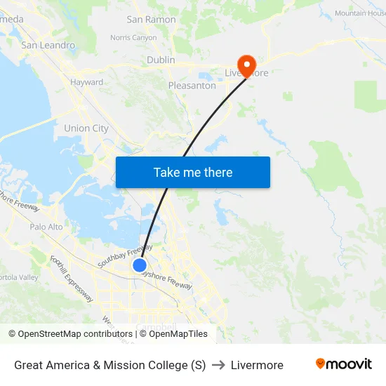Great America & Mission College (S) to Livermore map