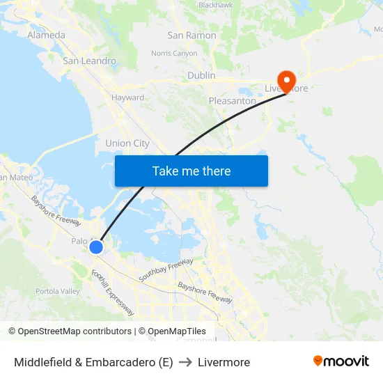 Middlefield & Embarcadero (E) to Livermore map