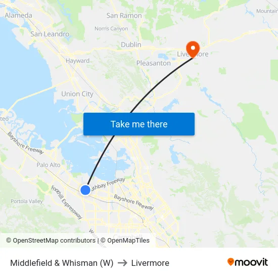 Middlefield & Whisman (W) to Livermore map