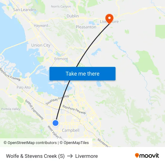Wolfe & Stevens Creek (S) to Livermore map