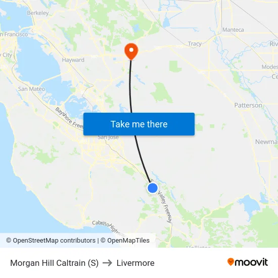 Morgan Hill Caltrain (S) to Livermore map