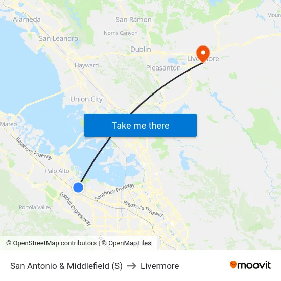 San Antonio & Middlefield (S) to Livermore map