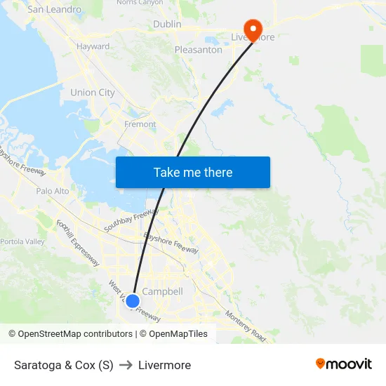 Saratoga & Cox (S) to Livermore map