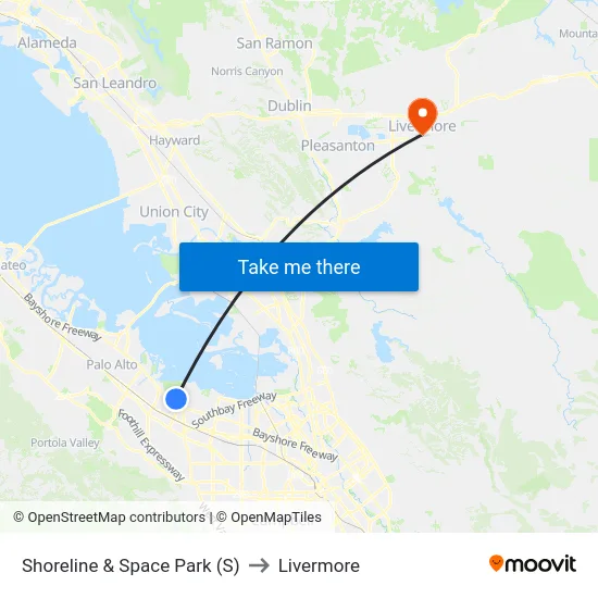Shoreline & Space Park (S) to Livermore map