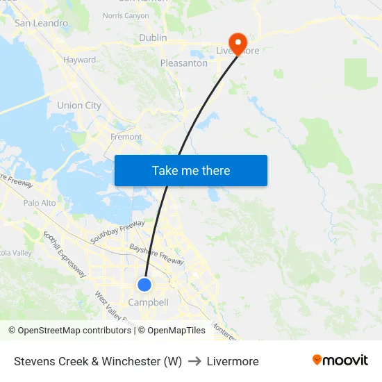Stevens Creek & Winchester (W) to Livermore map