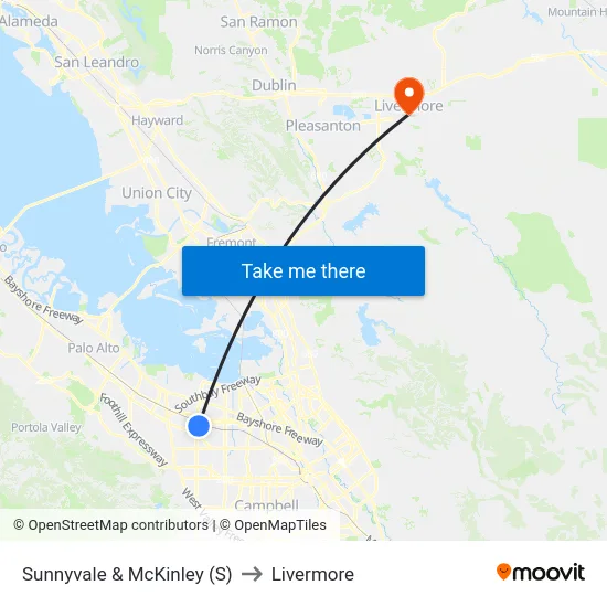 Sunnyvale & McKinley (S) to Livermore map