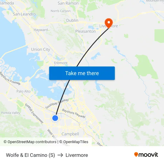 Wolfe & El Camino (S) to Livermore map