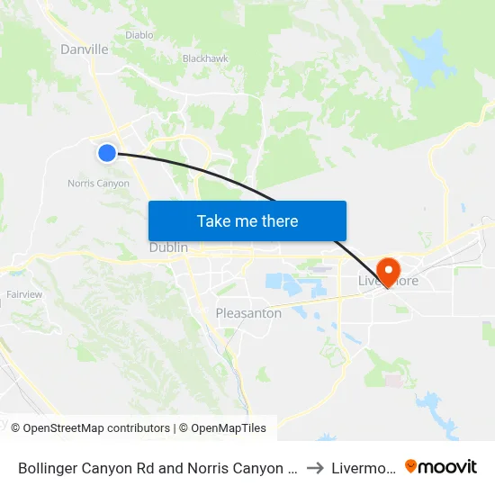 Bollinger Canyon Rd and Norris Canyon Rd to Livermore map