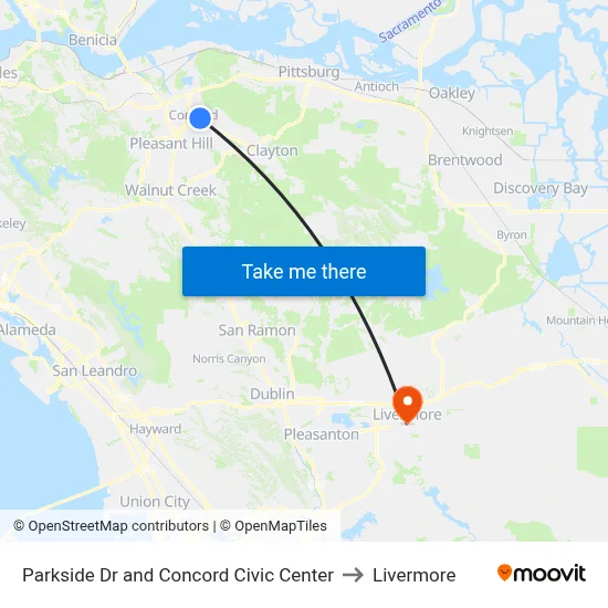Parkside Dr and Concord Civic Center to Livermore map