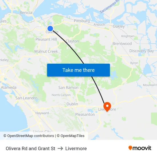 Olivera Rd and Grant St to Livermore map