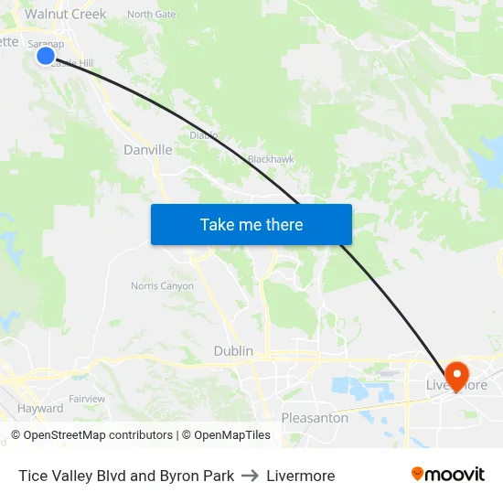Tice Valley Blvd and Byron Park to Livermore map