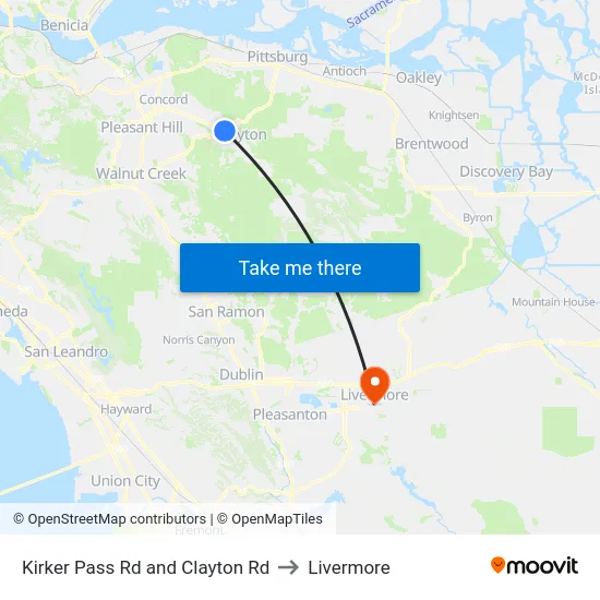 Kirker Pass Rd and Clayton Rd to Livermore map