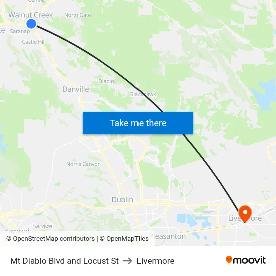 Mt Diablo Blvd and Locust St to Livermore map