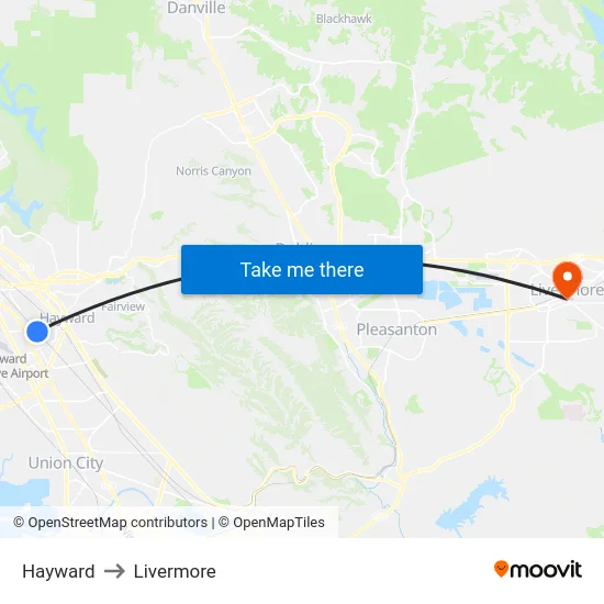 Hayward to Livermore map
