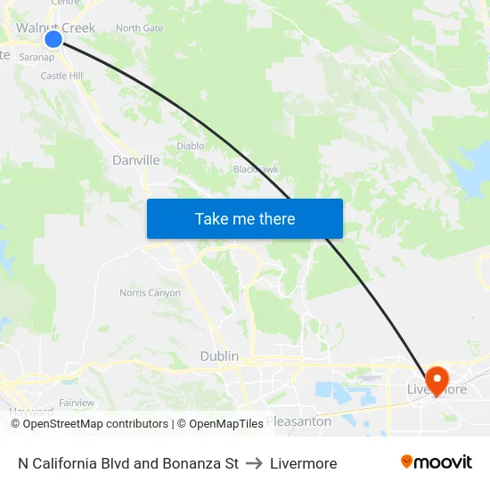 N California Blvd and Bonanza St to Livermore map