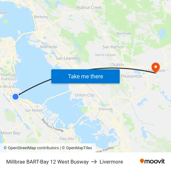 Millbrae BART-Bay 12 West Busway to Livermore map