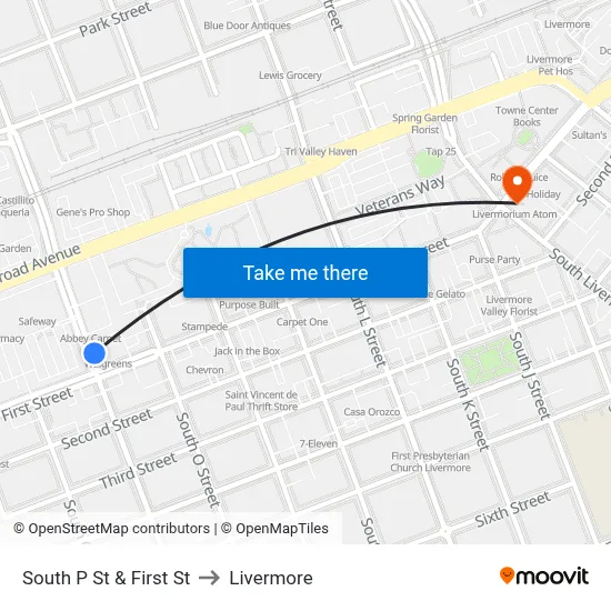 South P St & First St to Livermore map