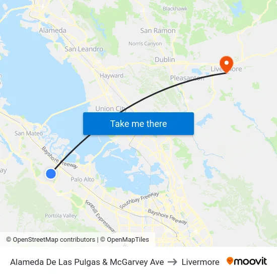 Alameda De Las Pulgas & McGarvey Ave to Livermore map