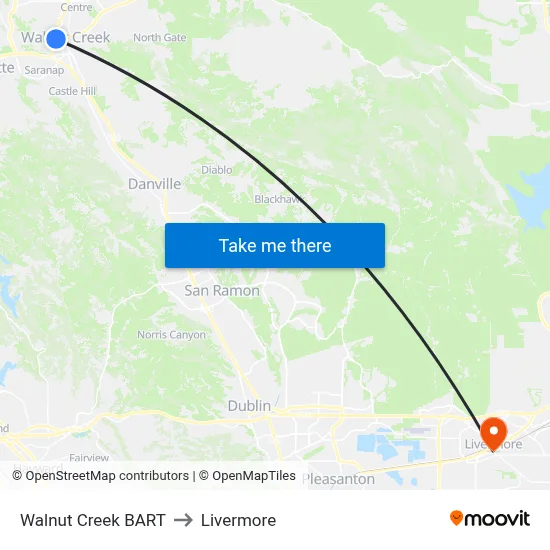 Walnut Creek BART to Livermore map