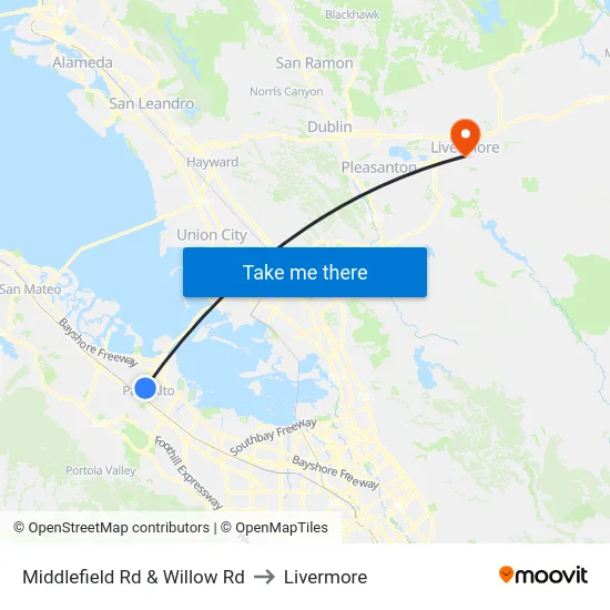 Middlefield Rd & Willow Rd to Livermore map