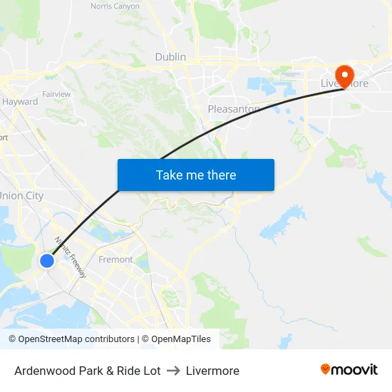 Ardenwood Park & Ride Lot to Livermore map