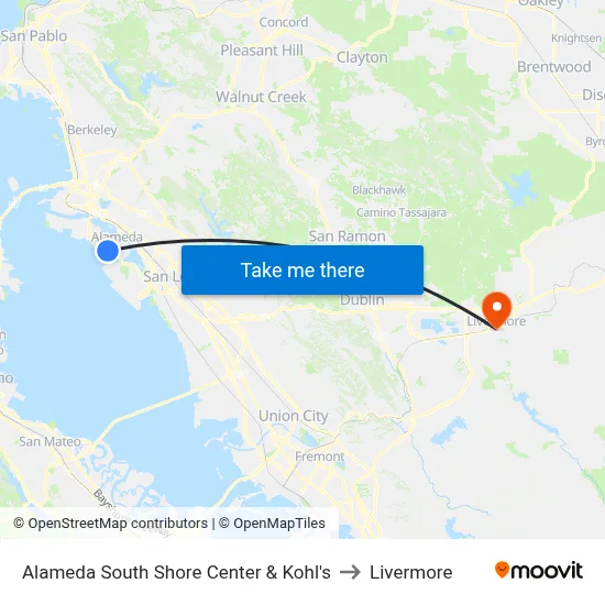 Alameda South Shore Center & Kohl's to Livermore map
