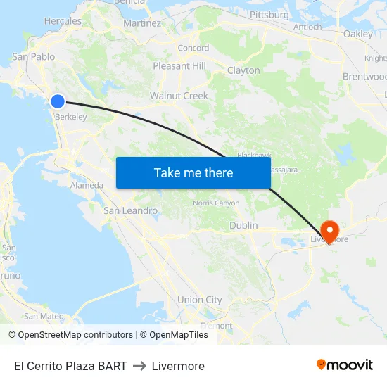 El Cerrito Plaza BART to Livermore map