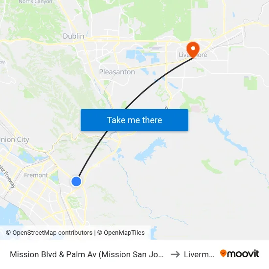 Mission Blvd & Palm Av (Mission San Jose High) to Livermore map