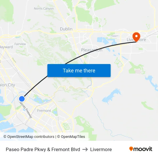 Paseo Padre Pkwy & Fremont Blvd to Livermore map