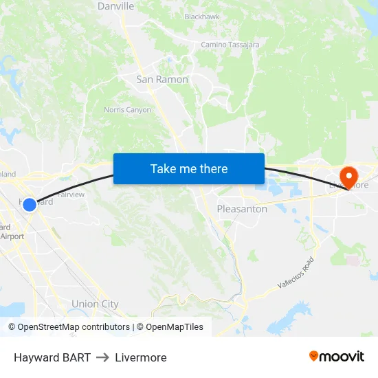 Hayward BART to Livermore map