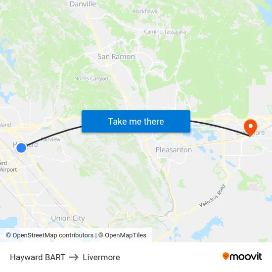 Hayward BART to Livermore map