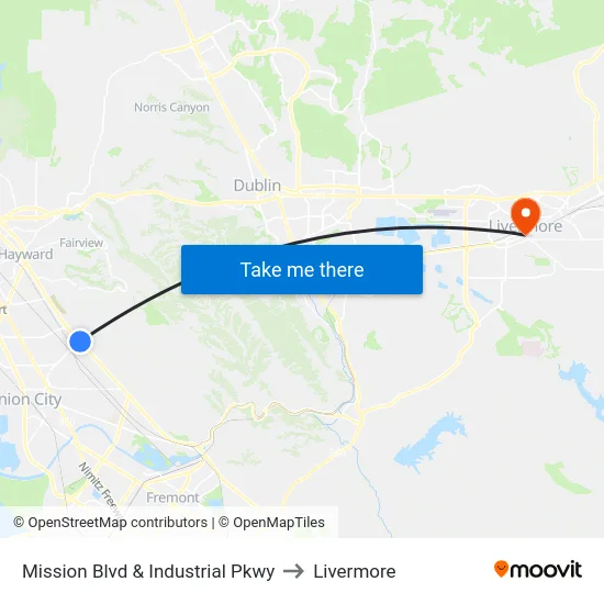 Mission Blvd & Industrial Pkwy to Livermore map