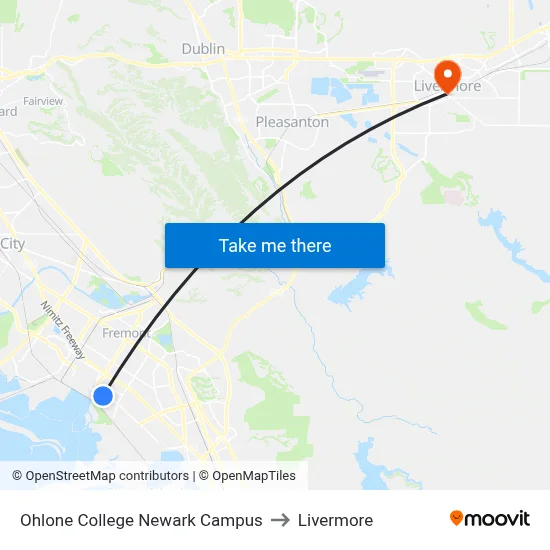 Ohlone College Newark Campus to Livermore map