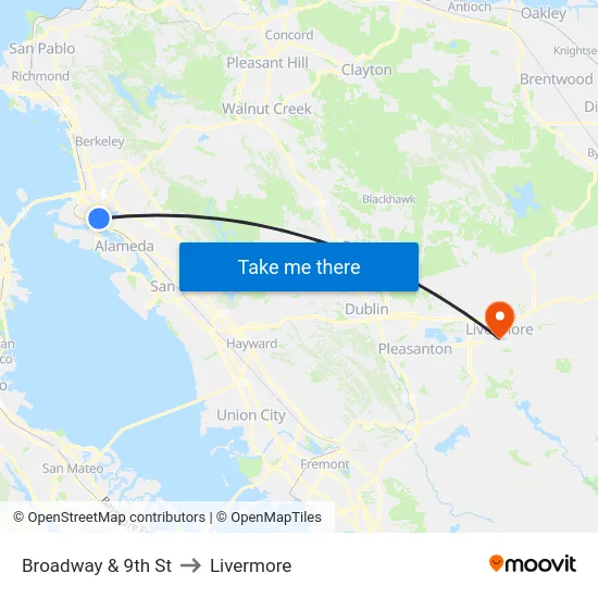 Broadway & 9th St to Livermore map